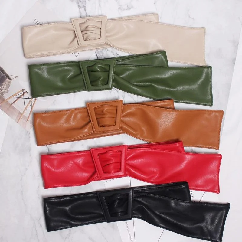 Faux Leather Trapezoid Buckle Long Belt - 5 Colors - Glova