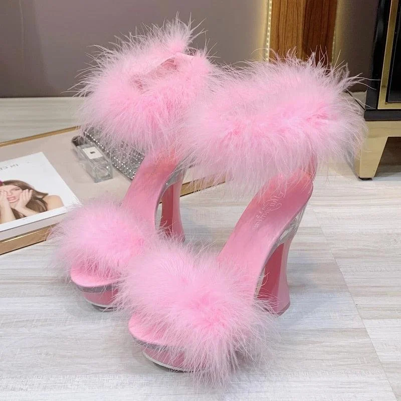 Feather Thick High Heels Platform Sandals - Glova