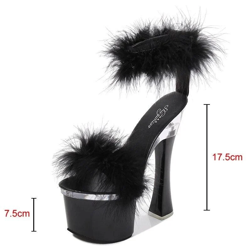 Feather Thick High Heels Platform Sandals - Glova