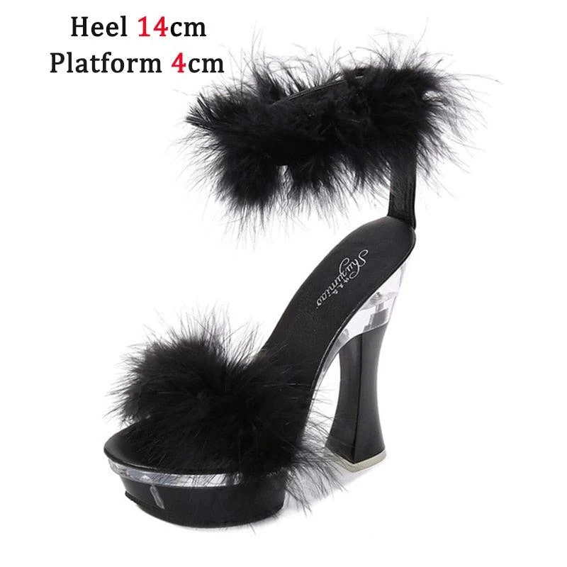 Feather Thick High Heels Platform Sandals - Glova