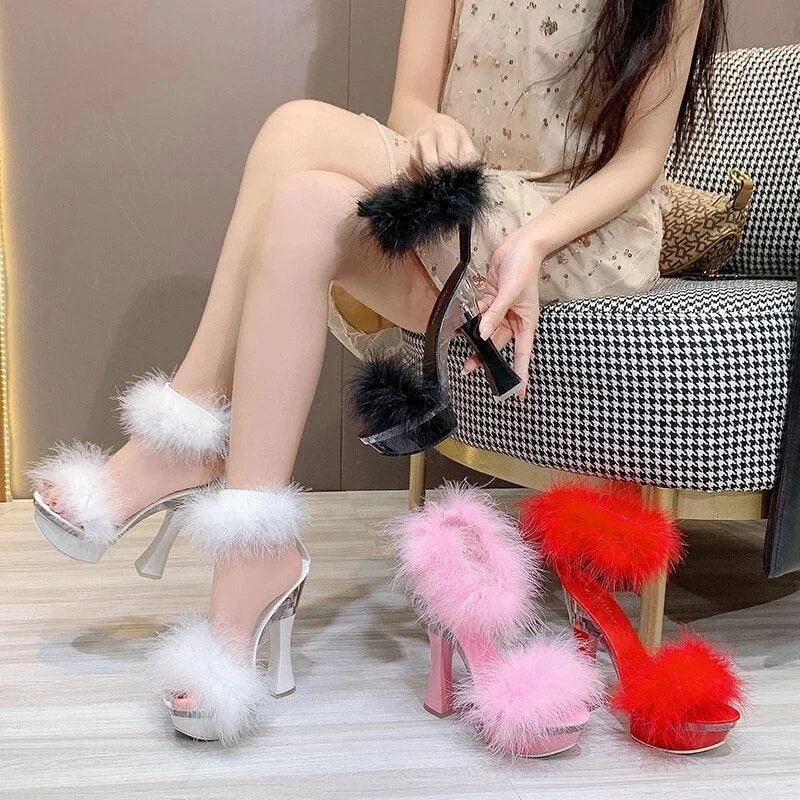 Feather Thick High Heels Platform Sandals - Glova