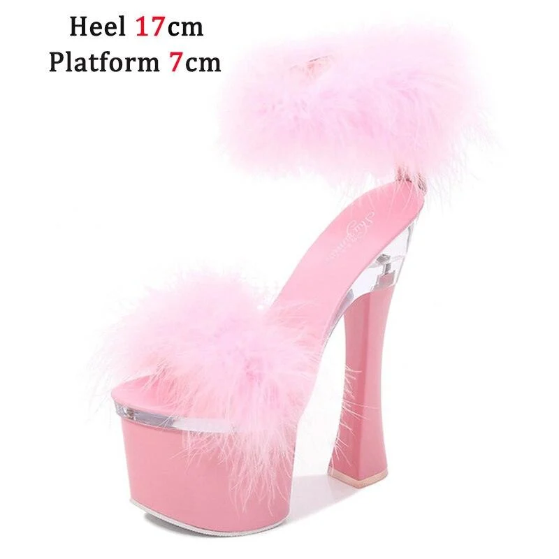 Feather Thick High Heels Platform Sandals - Glova