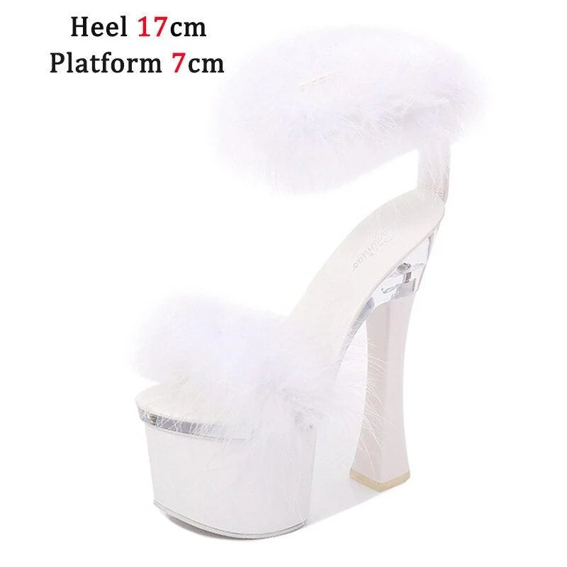 Feather Thick High Heels Platform Sandals - Glova