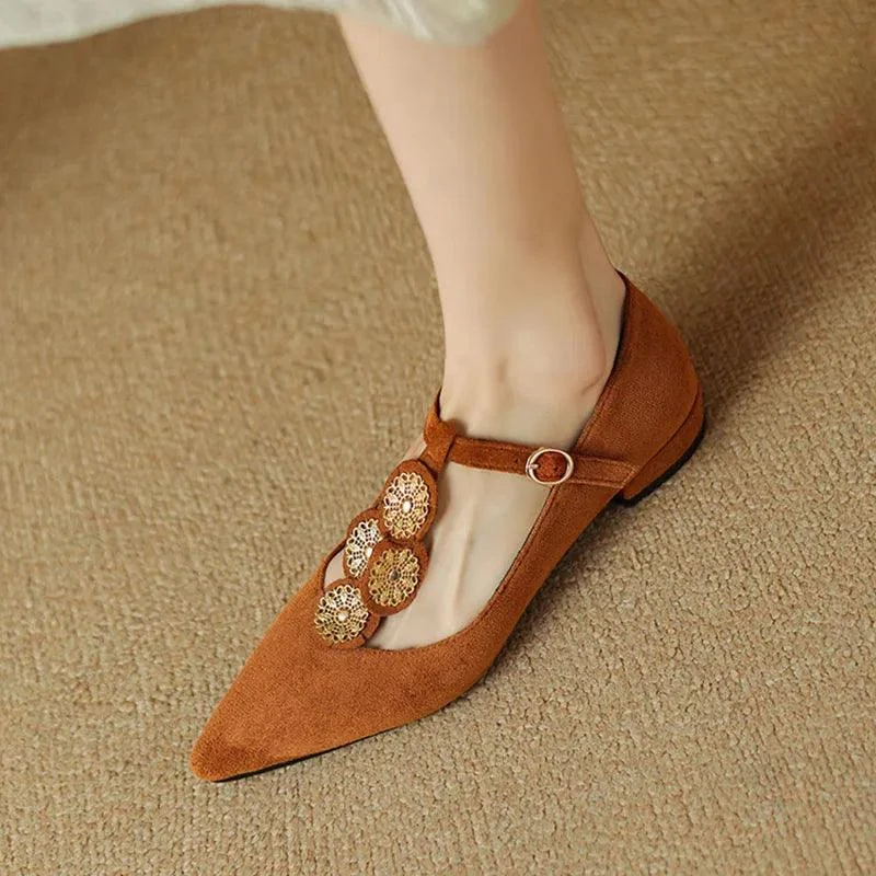 Fiona Applique T-Strap Suede Flats - Glova