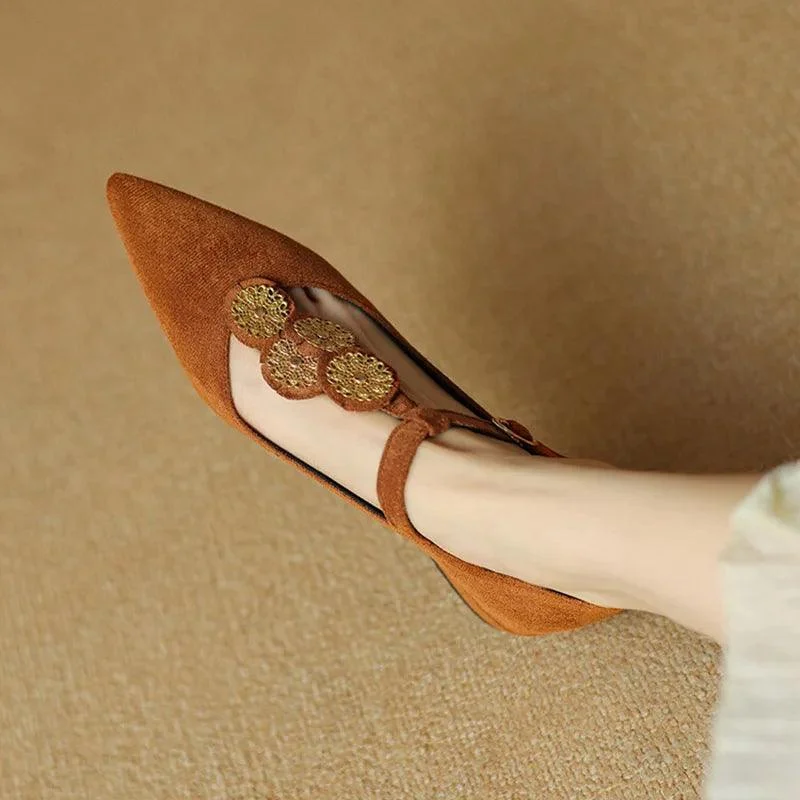 Fiona Applique T-Strap Suede Flats - Glova