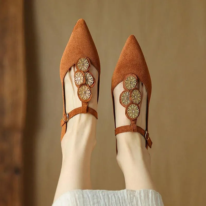 Fiona Applique T-Strap Suede Flats - Glova