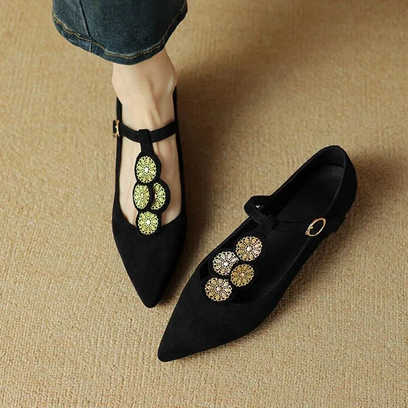 Fiona Applique T-Strap Suede Flats - Glova