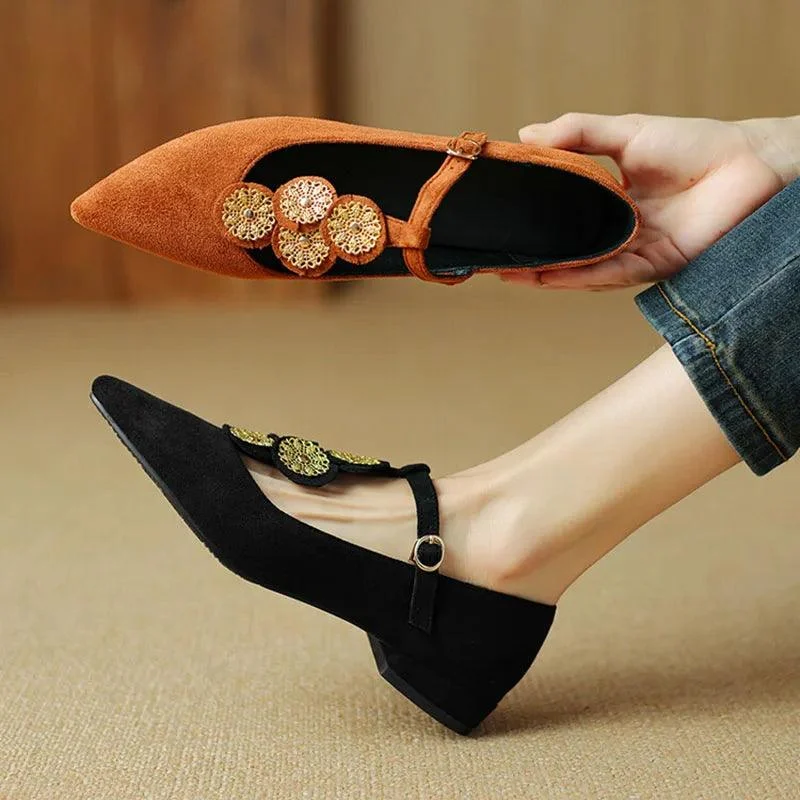 Fiona Applique T-Strap Suede Flats - Glova