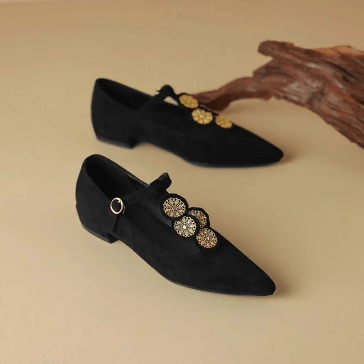 Fiona Applique T-Strap Suede Flats - Glova