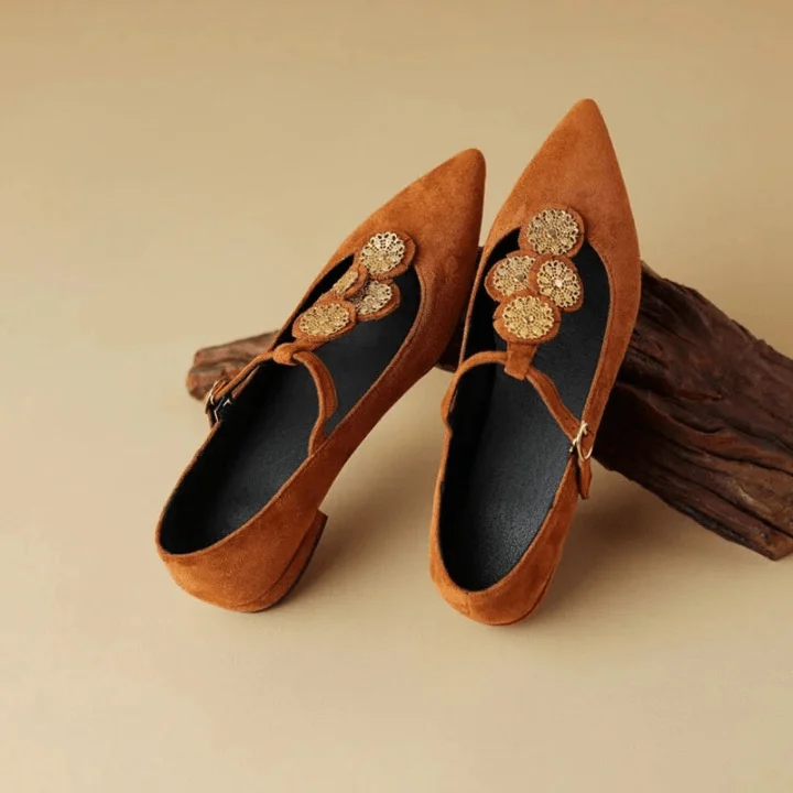 Fiona Applique T-Strap Suede Flats - Glova