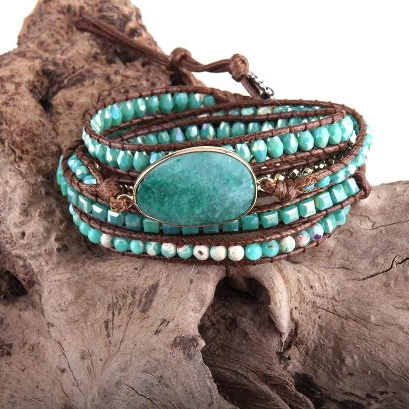 Five Leather Wrap Turquoise Stone Bracelet - Glova