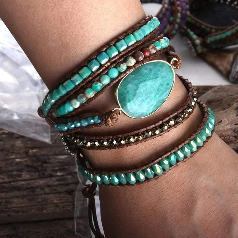 Five Leather Wrap Turquoise Stone Bracelet - Glova