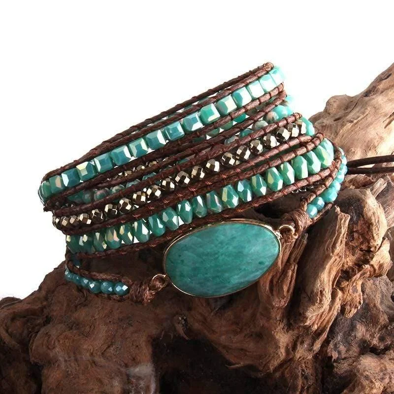 Five Leather Wrap Turquoise Stone Bracelet - Glova