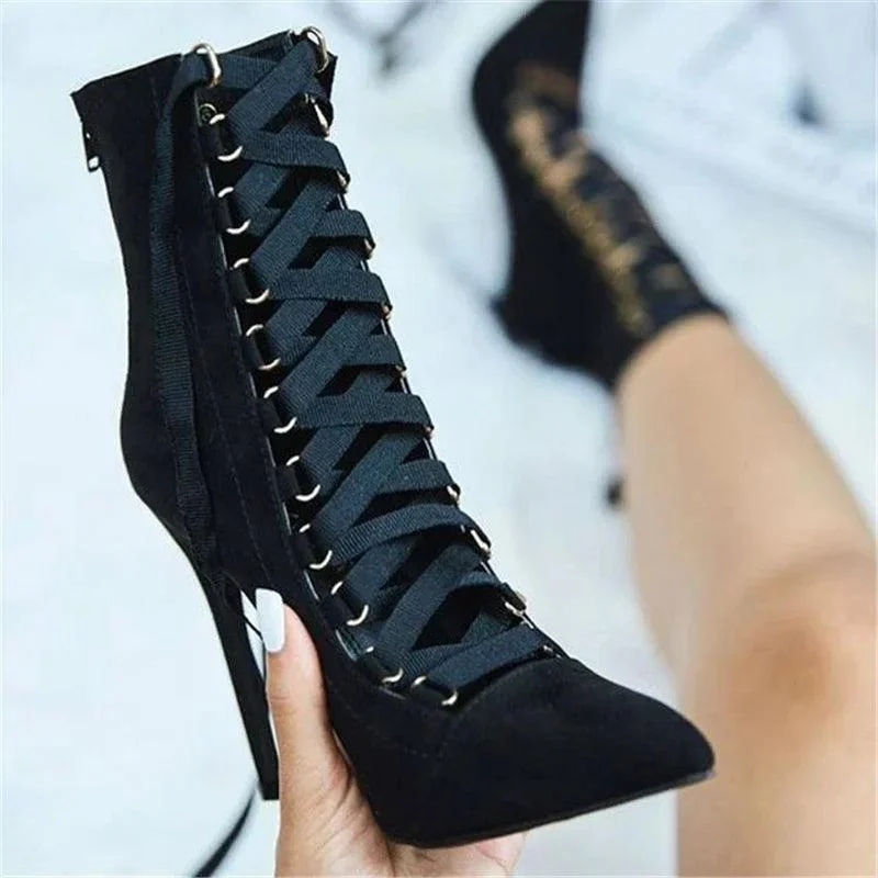 Flock Lace Up High Heels Pointed Toe Ankle Strap Shoes - Glova