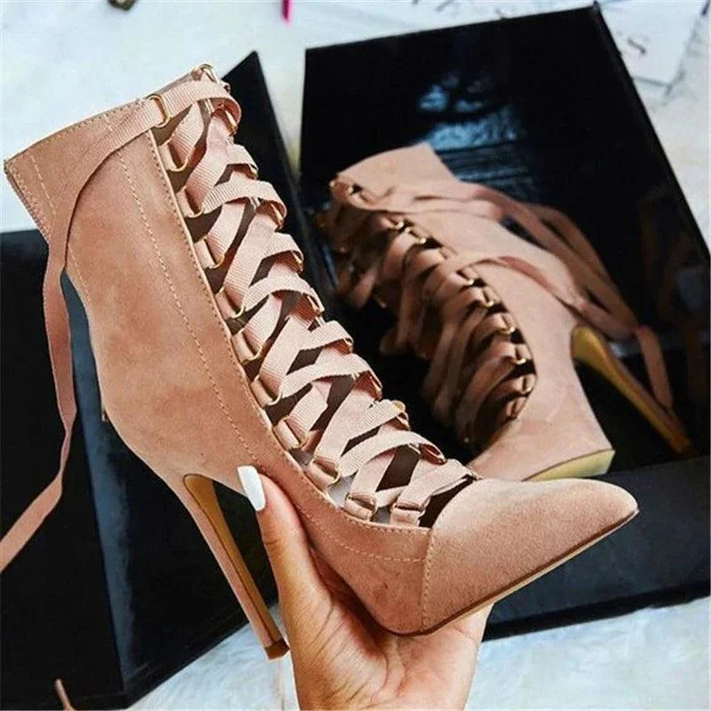 Flock Lace Up High Heels Pointed Toe Ankle Strap Shoes - Glova