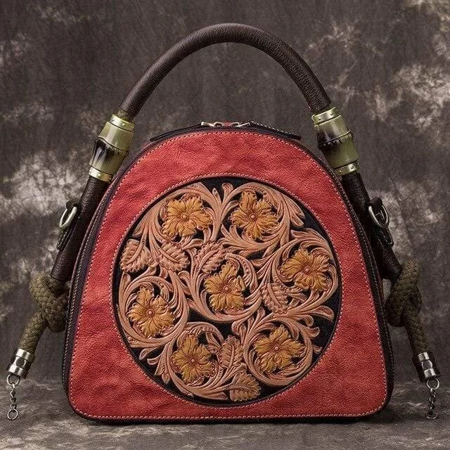 Floral Embossed Leather U-Handbag - Glova