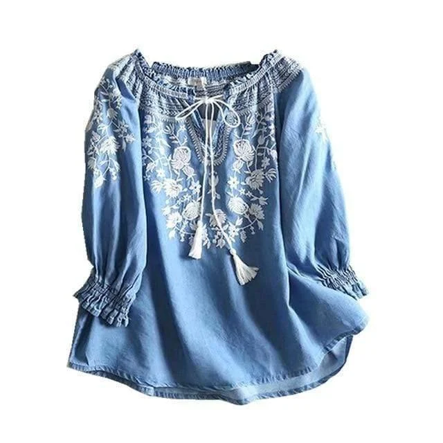 Floral Embroidered Denim Blouse - Glova