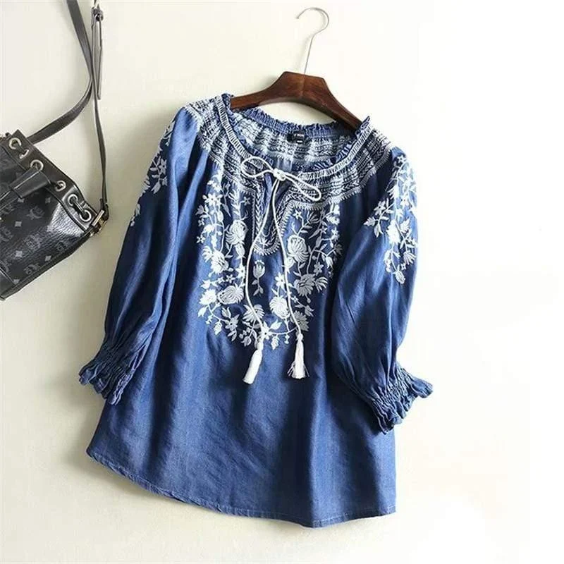 Floral Embroidered Denim Blouse - Glova