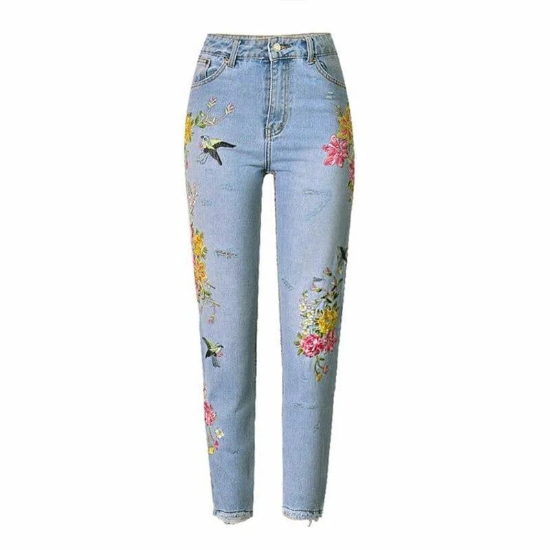 Floral Embroidered High Waist Jeans - Glova