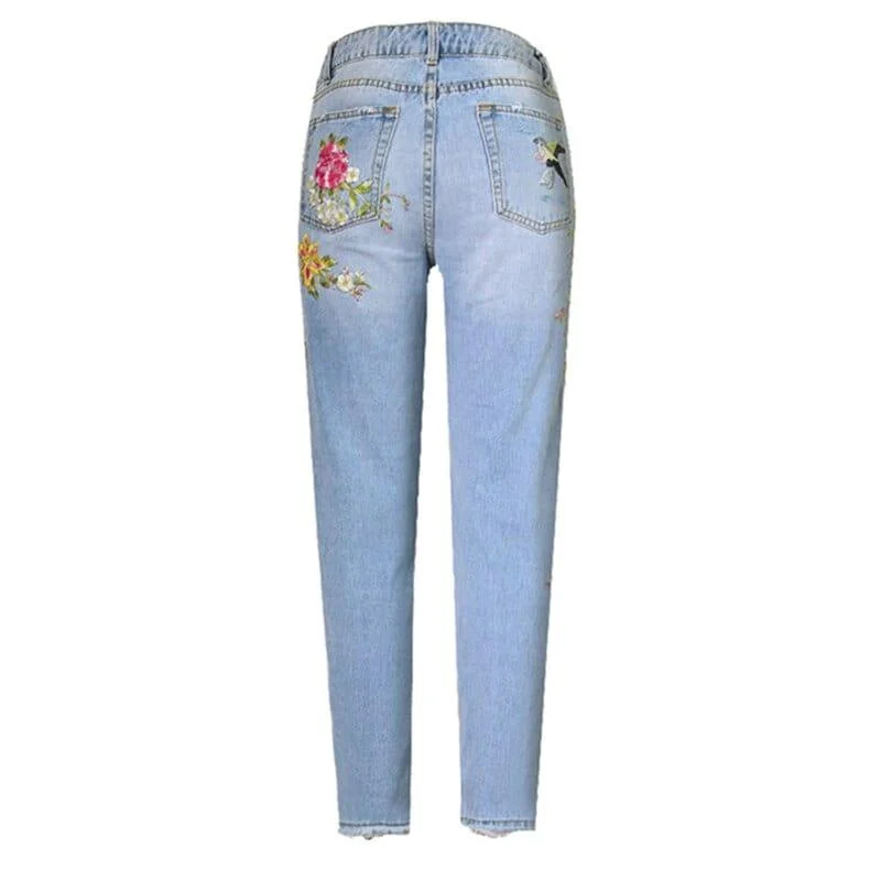 Floral Embroidered High Waist Jeans - Glova