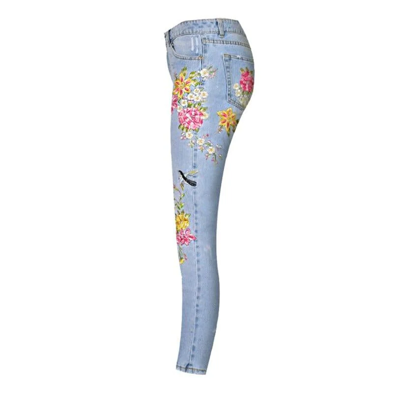 Floral Embroidered High Waist Jeans - Glova