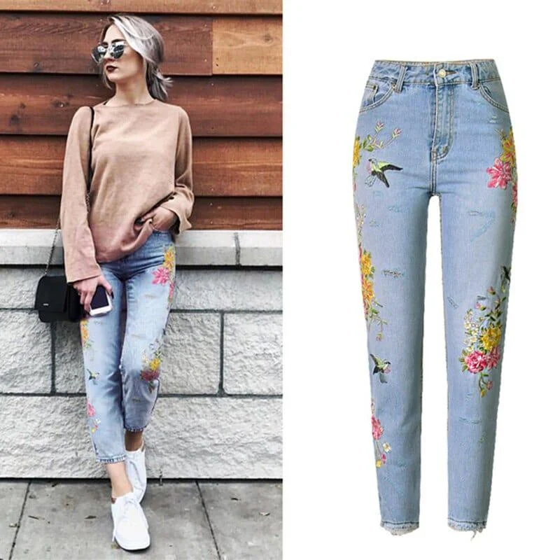 Floral Embroidered High Waist Jeans - Glova