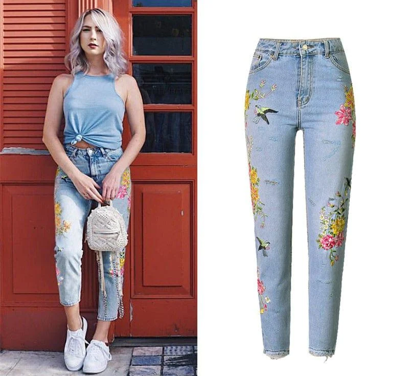 Floral Embroidered High Waist Jeans - Glova