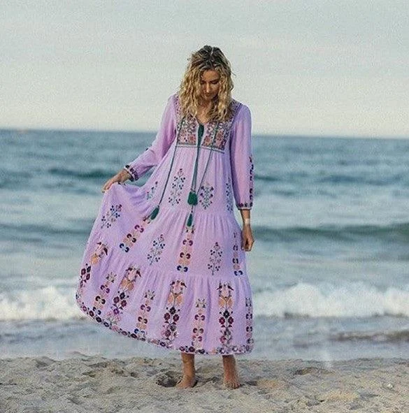 Floral Embroidered Maxi Folk Dress - Glova