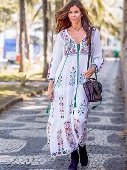 Floral Embroidered Maxi Folk Dress - Glova