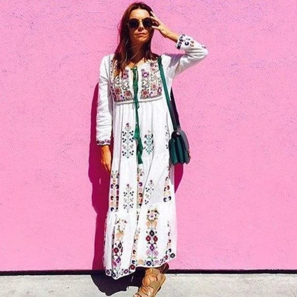 Floral Embroidered Maxi Folk Dress - Glova