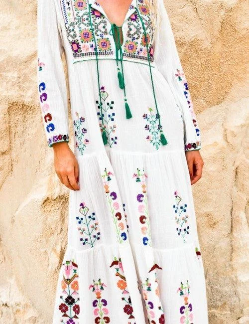 Floral Embroidered Maxi Folk Dress - Glova