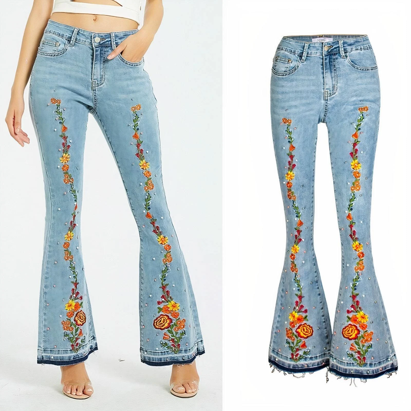 Floral Embroidery Flare Jeans - Glova