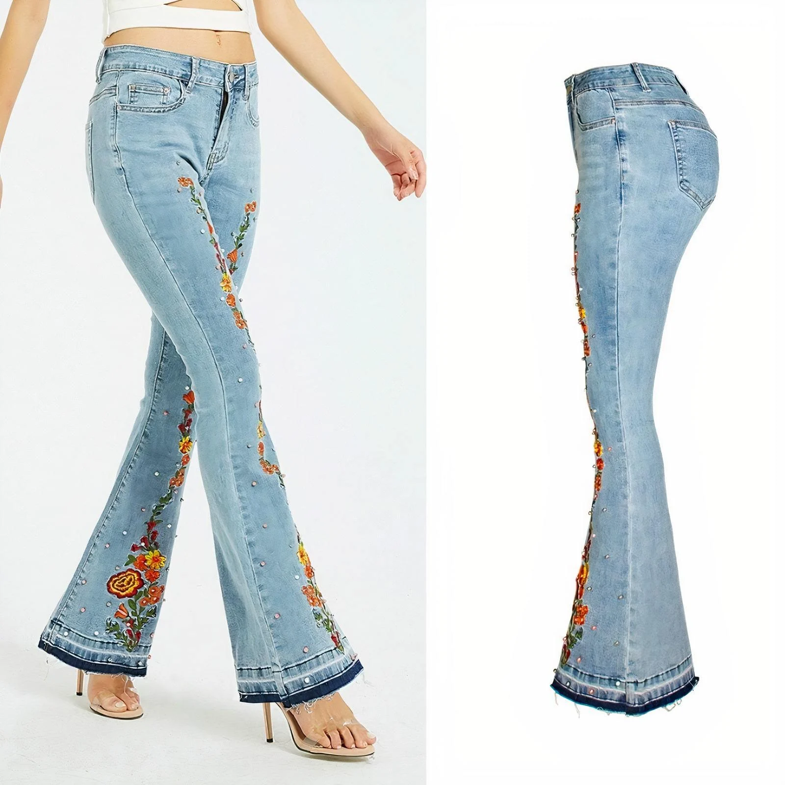 Floral Embroidery Flare Jeans - Glova