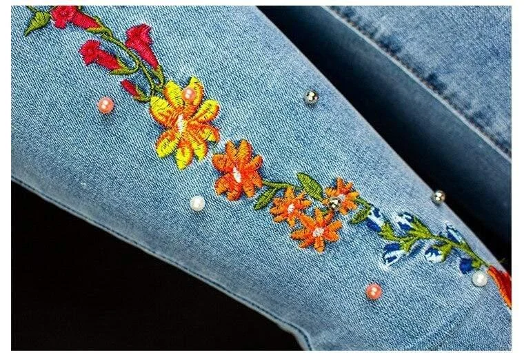 Floral Embroidery Flare Jeans - Glova