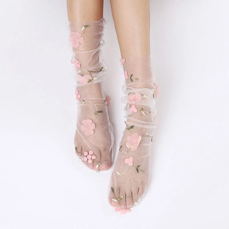 Floral Embroidery Tulle Socks - 4 Colors - Glova