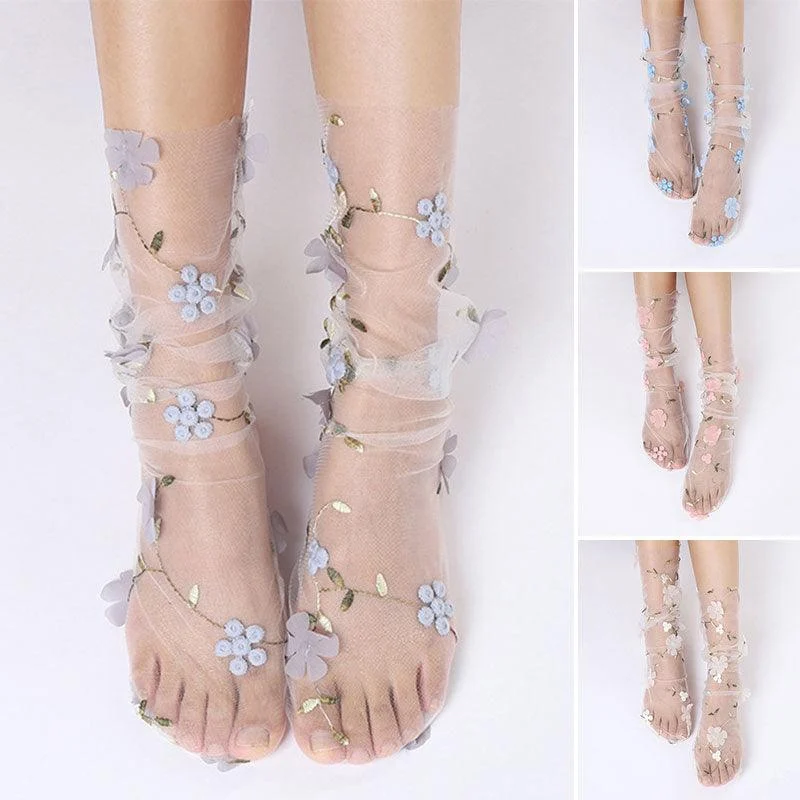 Floral Embroidery Tulle Socks - 4 Colors - Glova