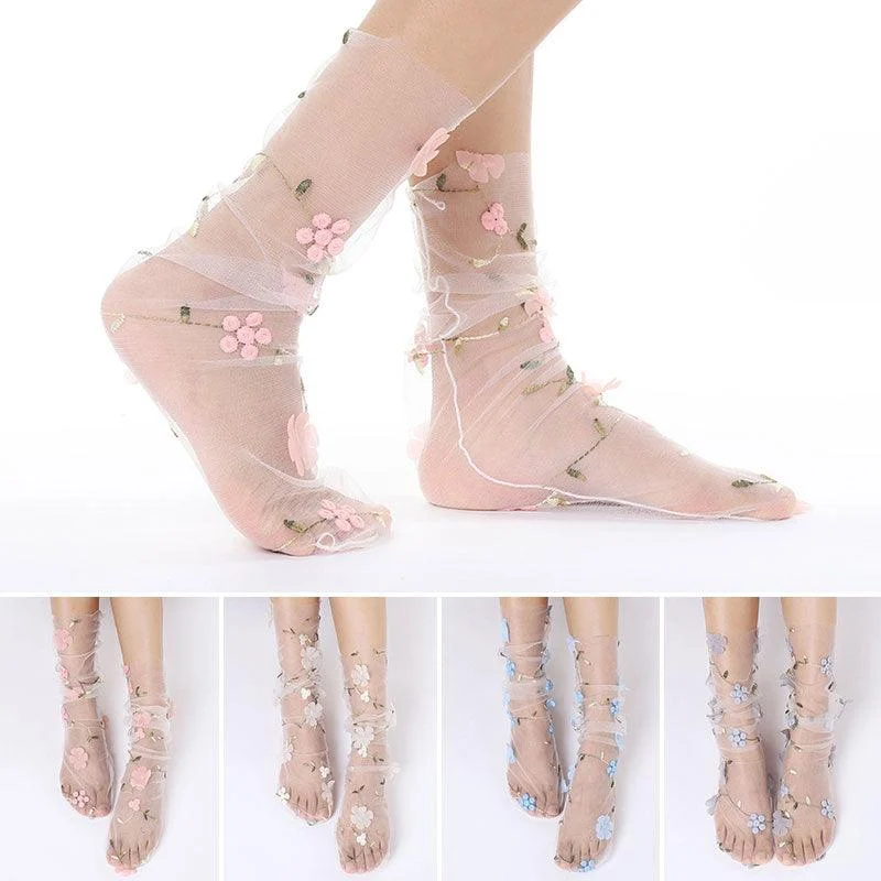 Floral Embroidery Tulle Socks - 4 Colors - Glova