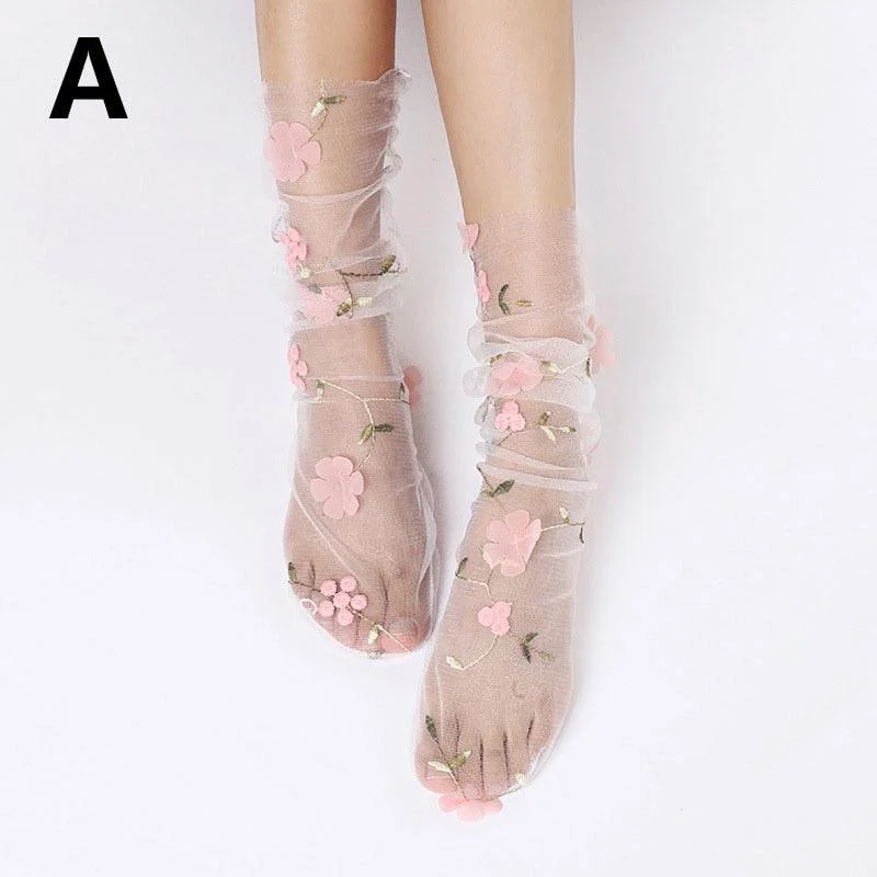 Floral Embroidery Tulle Socks - 4 Colors - Glova