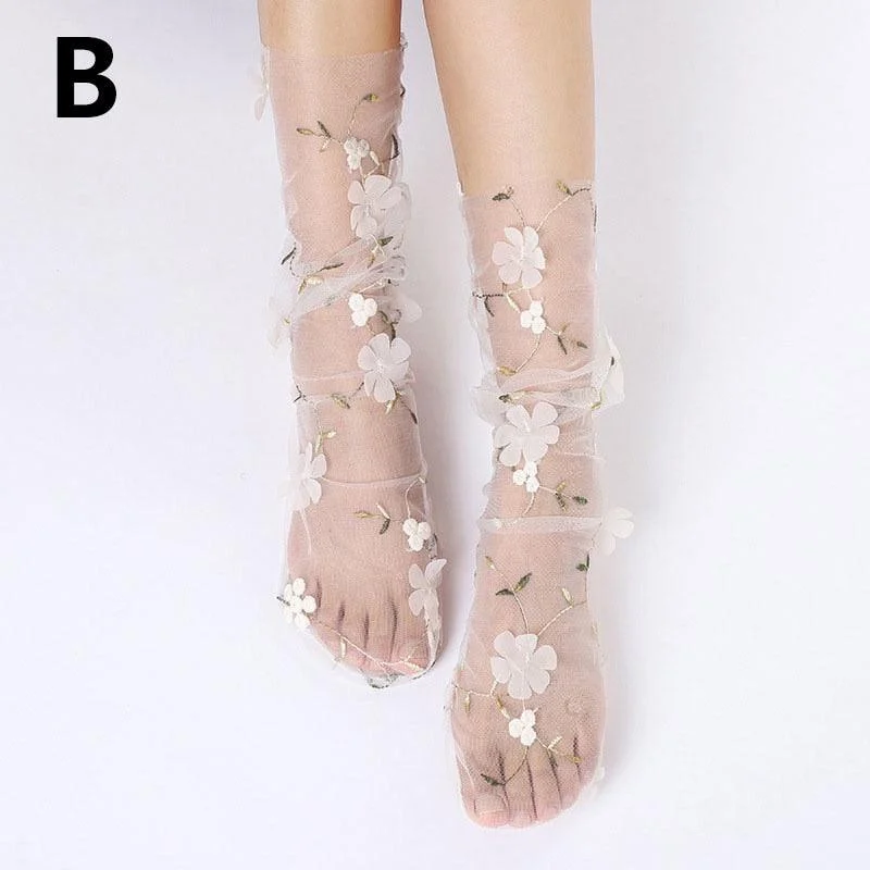 Floral Embroidery Tulle Socks - 4 Colors - Glova