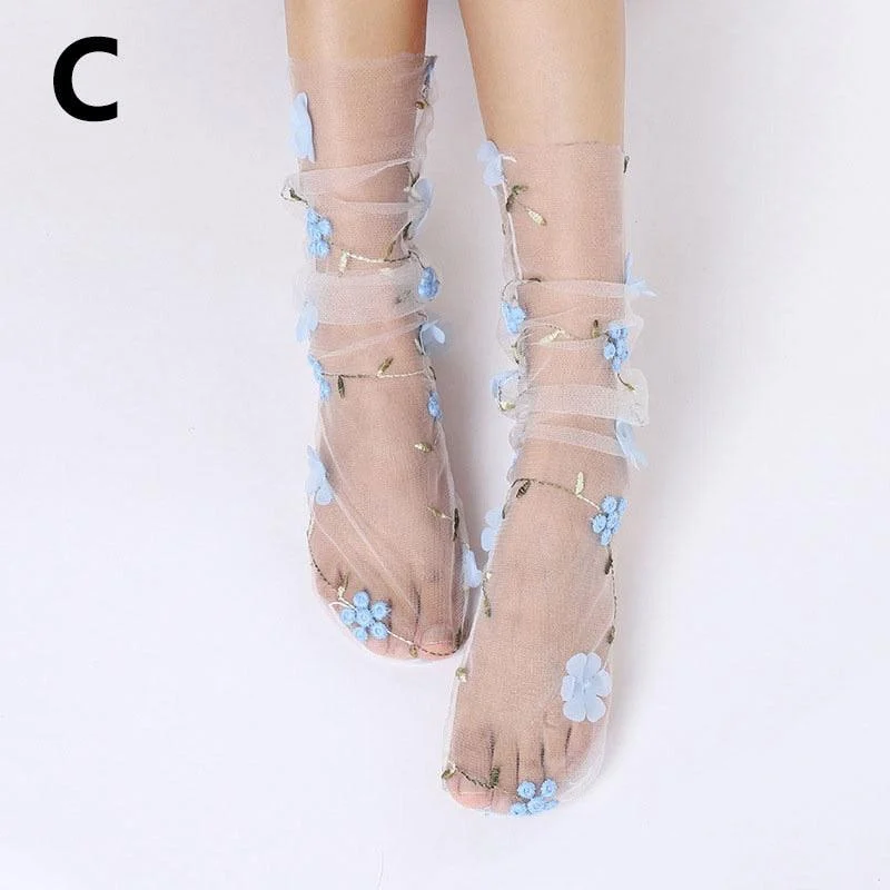 Floral Embroidery Tulle Socks - 4 Colors - Glova