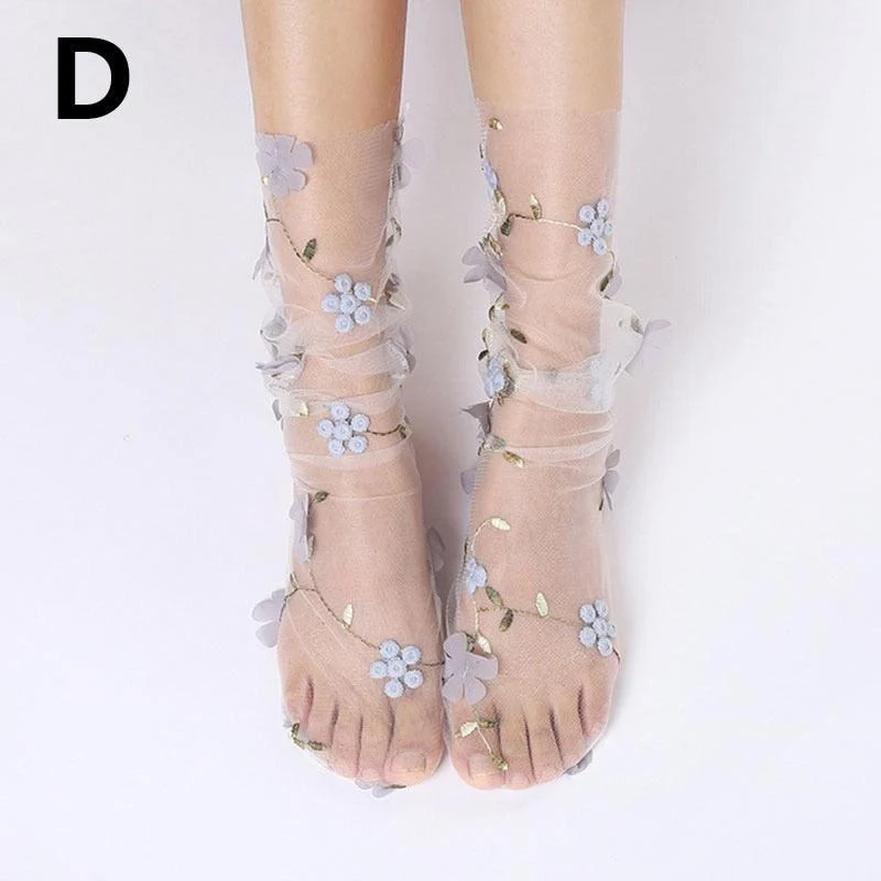 Floral Embroidery Tulle Socks - 4 Colors - Glova