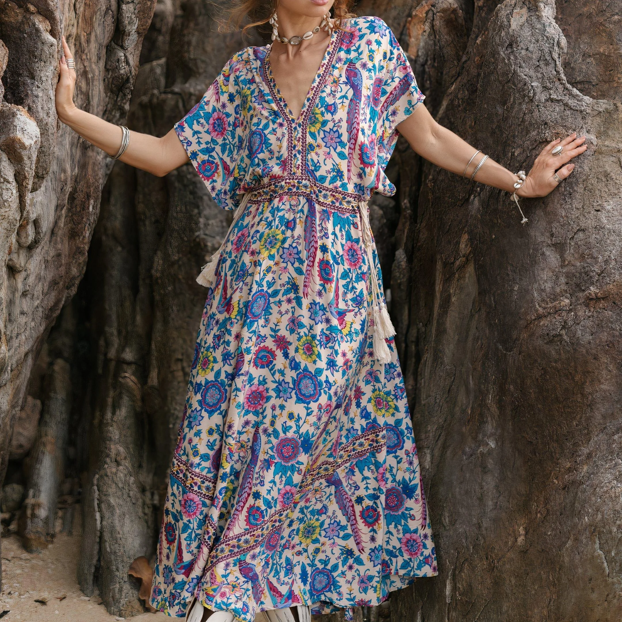 Floral Love Birds Maxi Dress - Glova