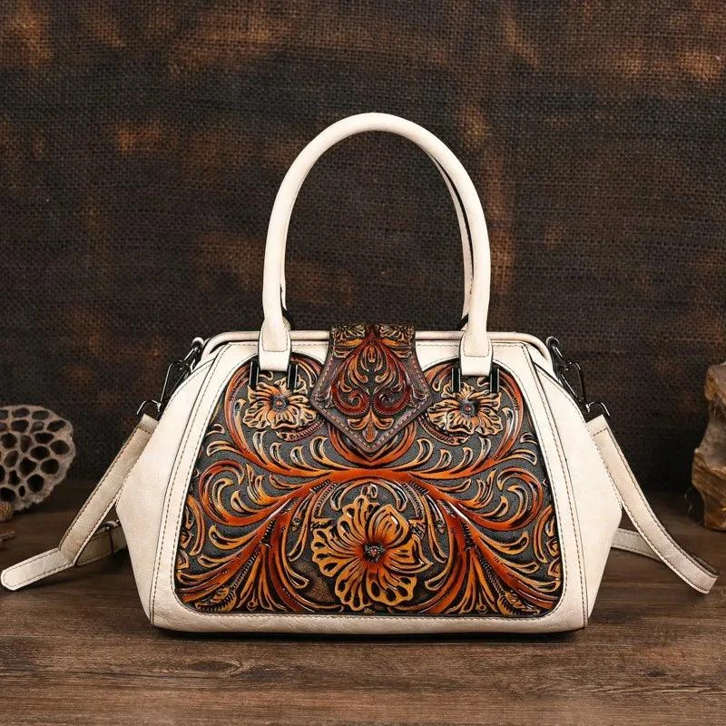 Floral Pattern Embossed Handmade PU Leather Bags - Glova