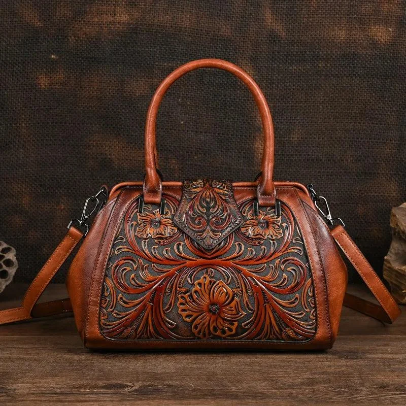 Floral Pattern Embossed Handmade PU Leather Bags - Glova