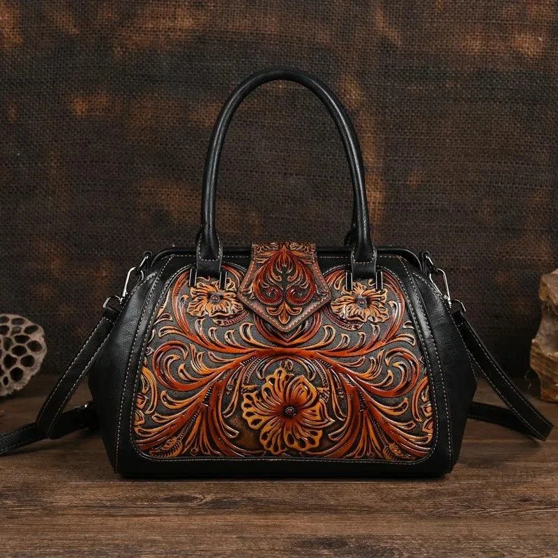 Floral Pattern Embossed Handmade PU Leather Bags - Glova