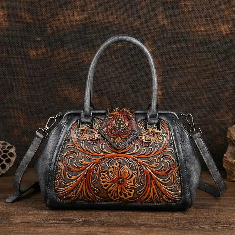 Floral Pattern Embossed Handmade PU Leather Bags - Glova