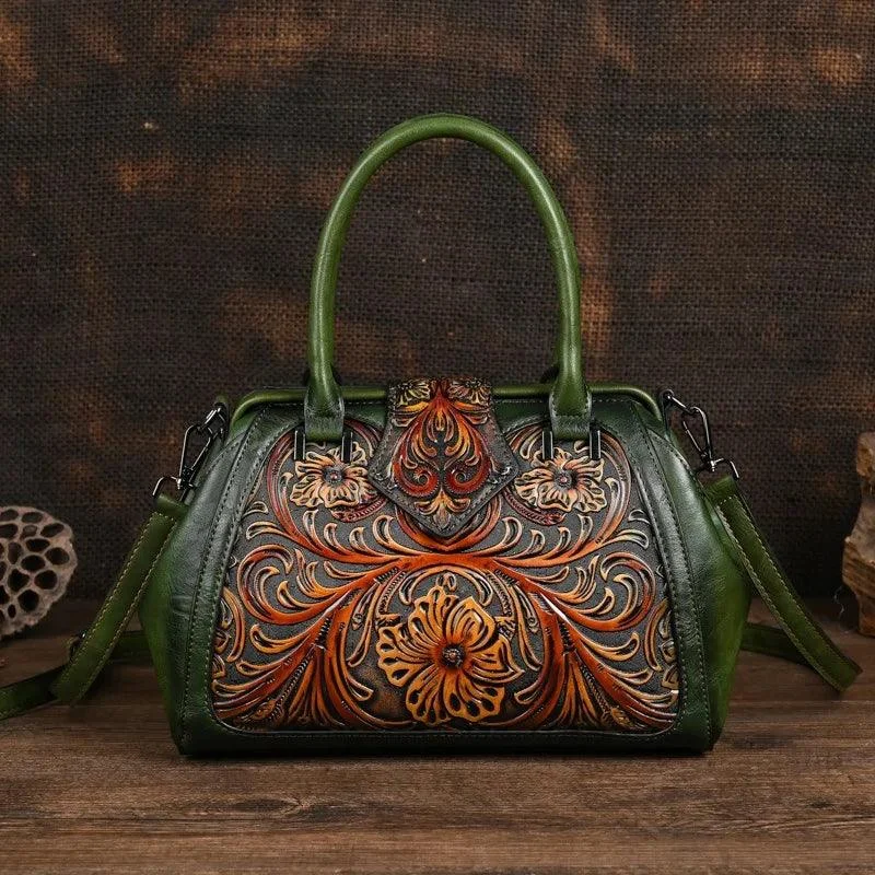 Floral Pattern Embossed Handmade PU Leather Bags - Glova