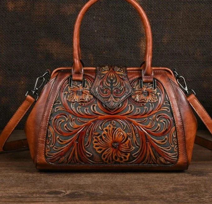 Floral Pattern Embossed Handmade PU Leather Bags - Glova