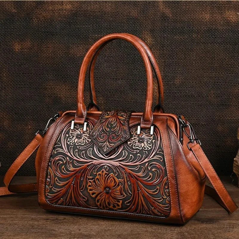 Floral Pattern Embossed Handmade PU Leather Bags - Glova