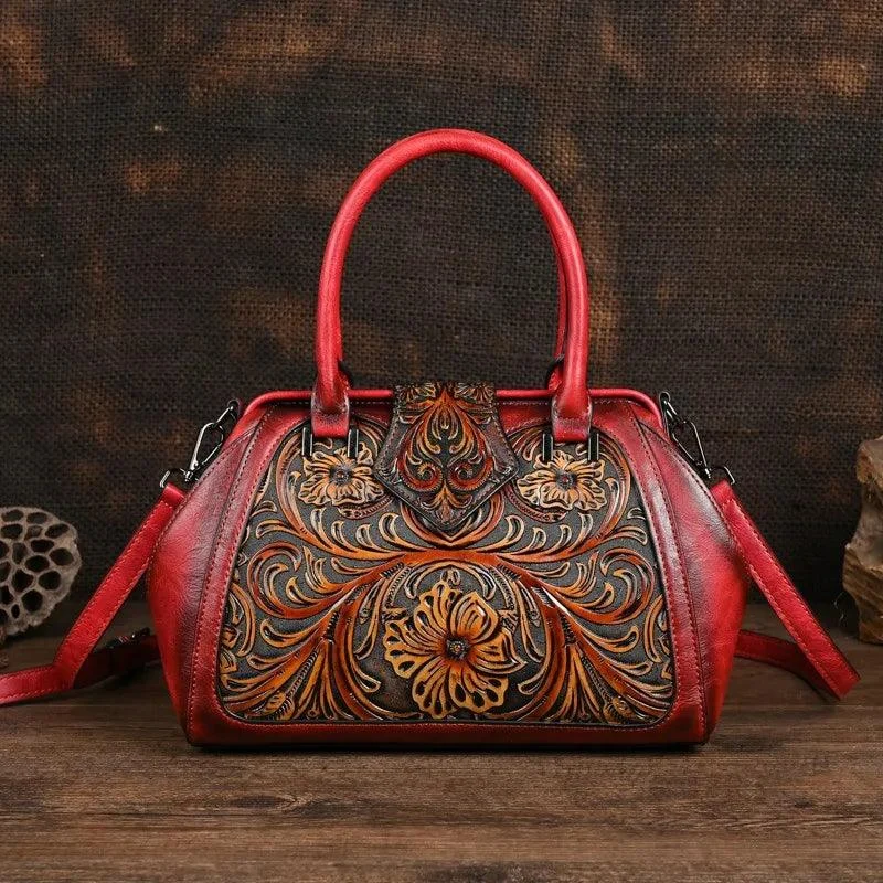 Floral Pattern Embossed Handmade PU Leather Bags - Glova